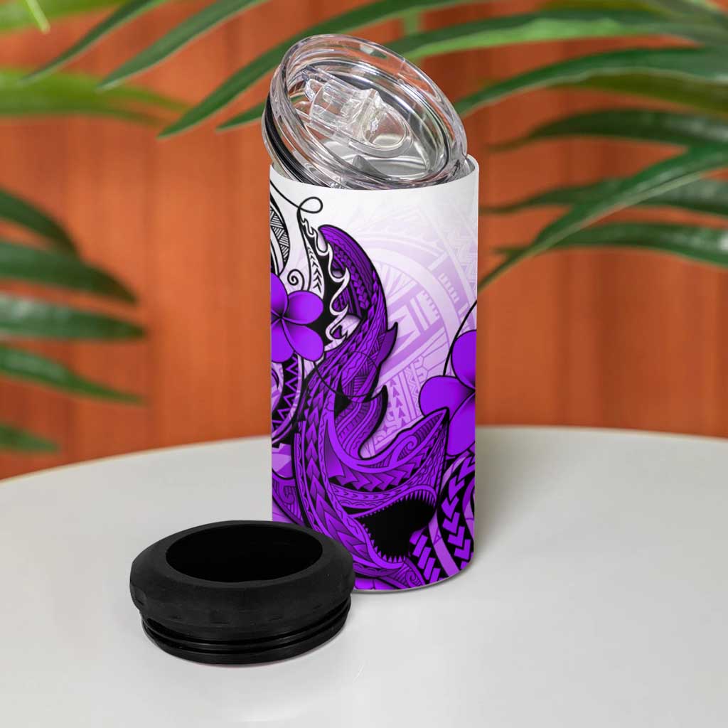 Hawaii 4 in 1 Can Cooler Tumbler Polynesian Shark Tattoo With Plumeria Purple Gradient