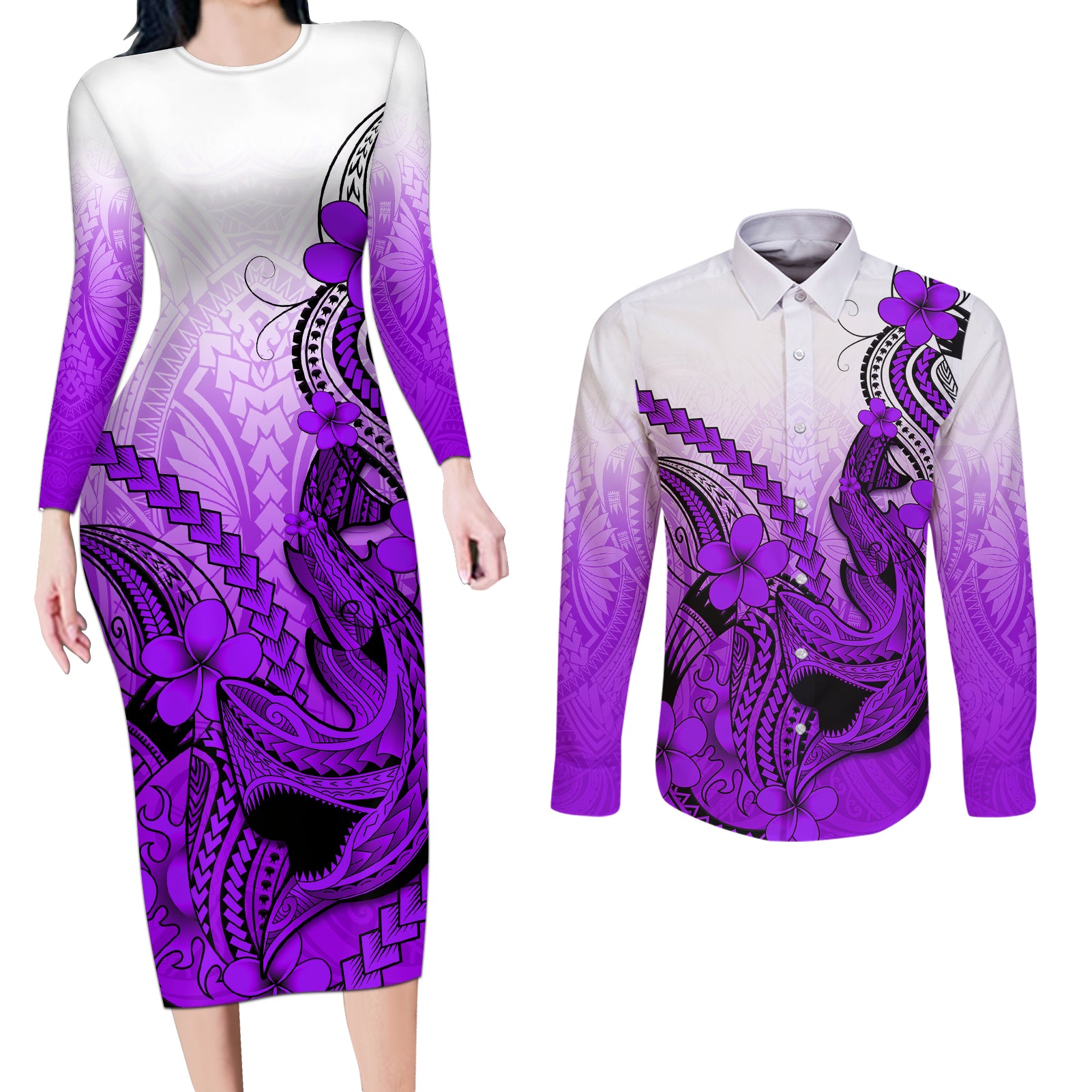 Hawaii Couples Matching Long Sleeve Bodycon Dress and Long Sleeve Button Shirts Polynesian Shark Tattoo With Plumeria Purple Gradient LT14 Purple - Polynesian Pride