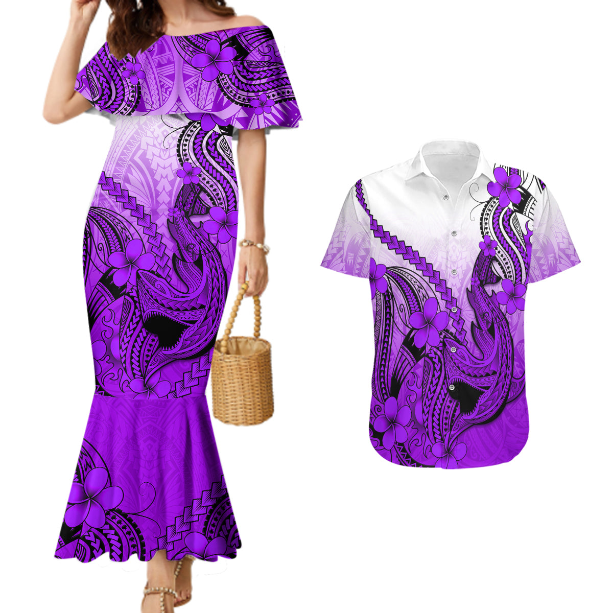 Hawaii Couples Matching Mermaid Dress And Hawaiian Shirt Polynesian Shark Tattoo With Plumeria Purple Gradient LT14 Purple - Polynesian Pride