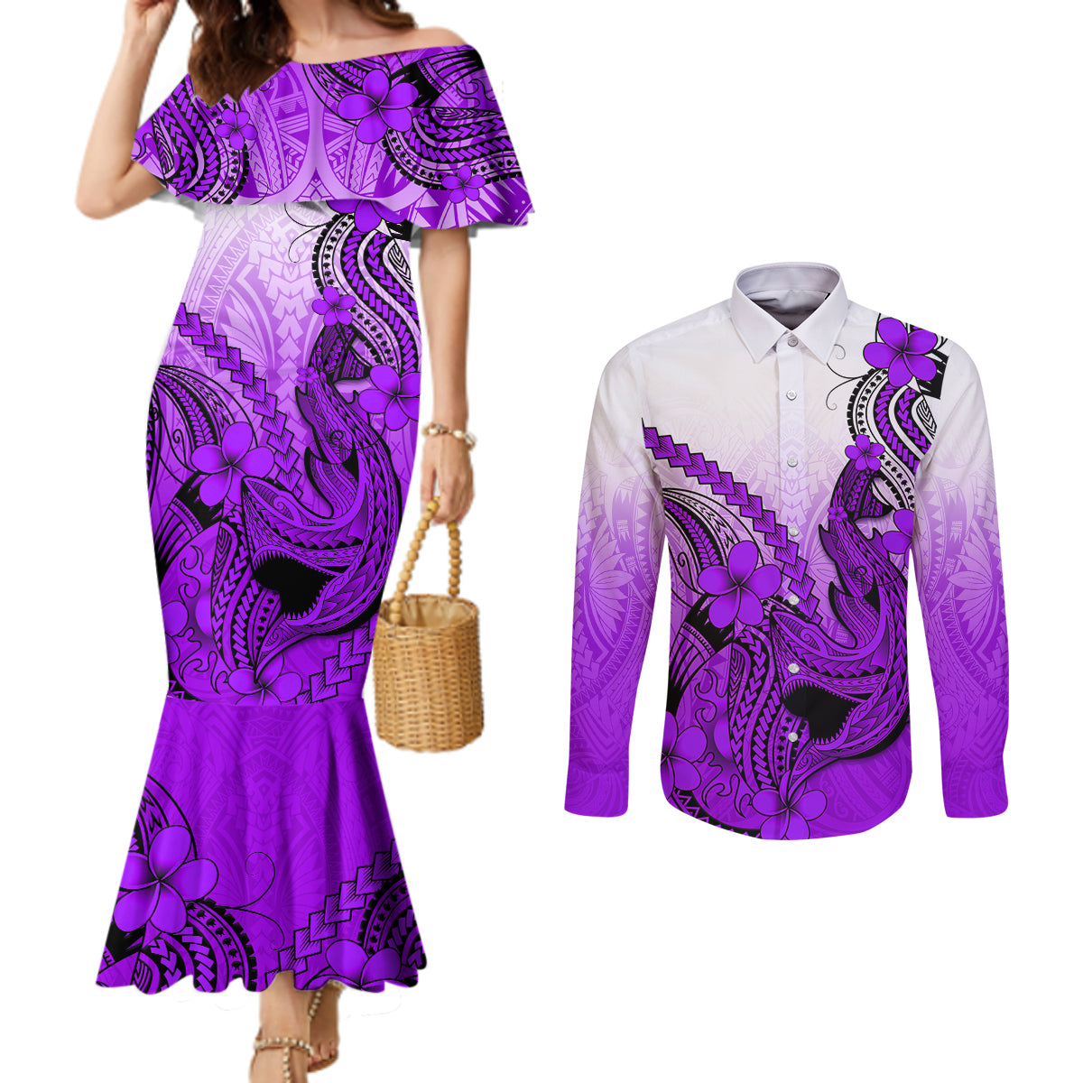 Hawaii Couples Matching Mermaid Dress and Long Sleeve Button Shirts Polynesian Shark Tattoo With Plumeria Purple Gradient LT14 Purple - Polynesian Pride