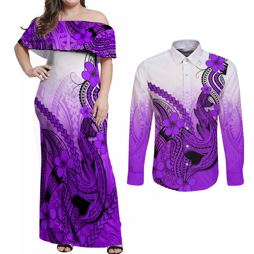 Hawaii Couples Matching Off Shoulder Maxi Dress and Long Sleeve Button Shirts Polynesian Shark Tattoo With Plumeria Purple Gradient LT14 Purple - Polynesian Pride