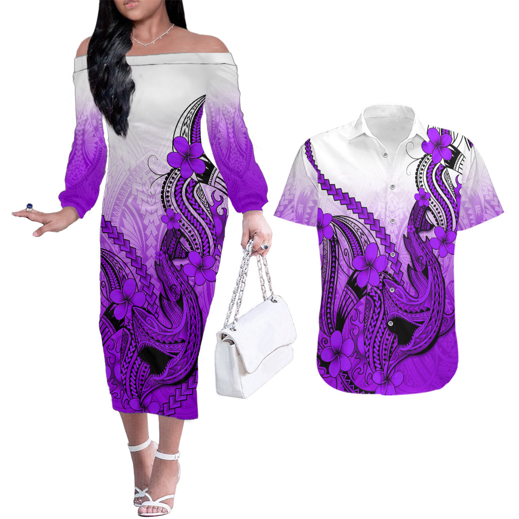 Hawaii Couples Matching Off The Shoulder Long Sleeve Dress and Hawaiian Shirt Polynesian Shark Tattoo With Plumeria Purple Gradient LT14 Purple - Polynesian Pride