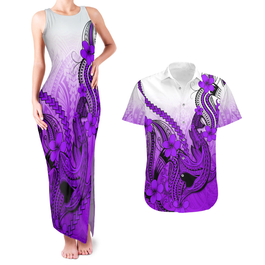 Hawaii Couples Matching Tank Maxi Dress And Hawaiian Shirt Polynesian Shark Tattoo With Plumeria Purple Gradient LT14 Purple - Polynesian Pride