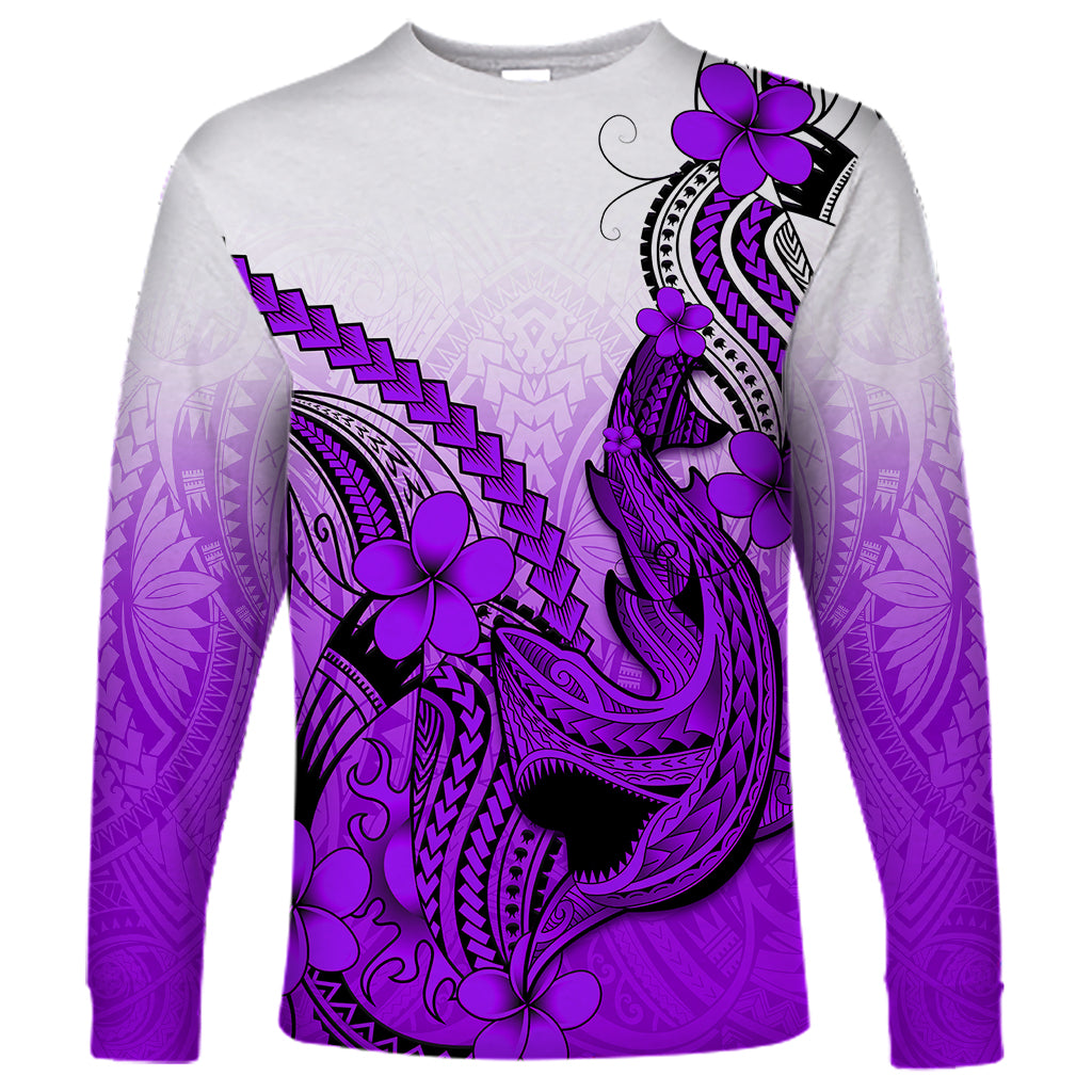 Hawaii Long Sleeve Shirt Polynesian Shark Tattoo With Plumeria Purple Gradient LT14 Unisex Purple - Polynesian Pride