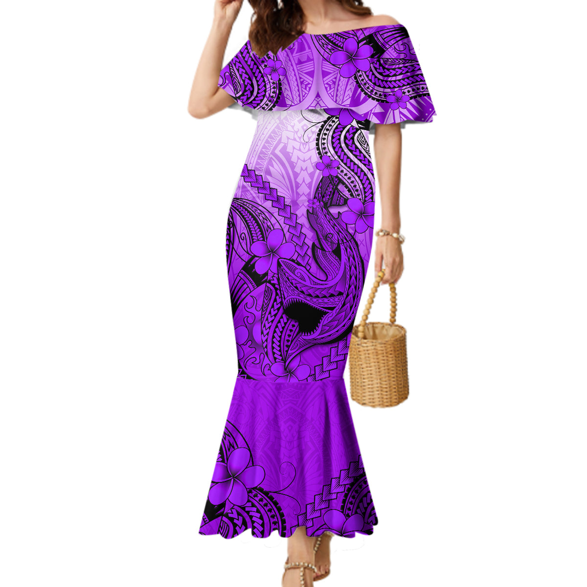 Hawaii Mermaid Dress Polynesian Shark Tattoo With Plumeria Purple Gradient LT14 Women Purple - Polynesian Pride