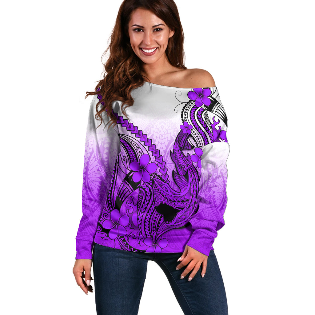 Hawaii Off Shoulder Sweater Polynesian Shark Tattoo With Plumeria Purple Gradient LT14 Women Purple - Polynesian Pride