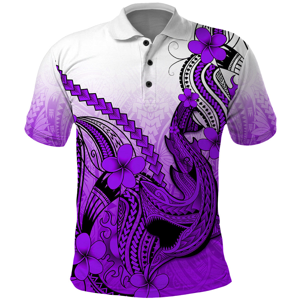 Hawaii Polo Shirt Polynesian Shark Tattoo With Plumeria Purple Gradient LT14 Purple - Polynesian Pride