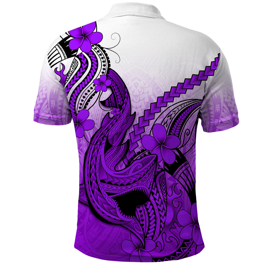 Hawaii Polo Shirt Polynesian Shark Tattoo With Plumeria Purple Gradient LT14 - Polynesian Pride