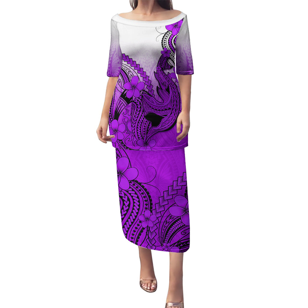 Hawaii Puletasi Polynesian Shark Tattoo With Plumeria Purple Gradient LT14 Long Dress Purple - Polynesian Pride