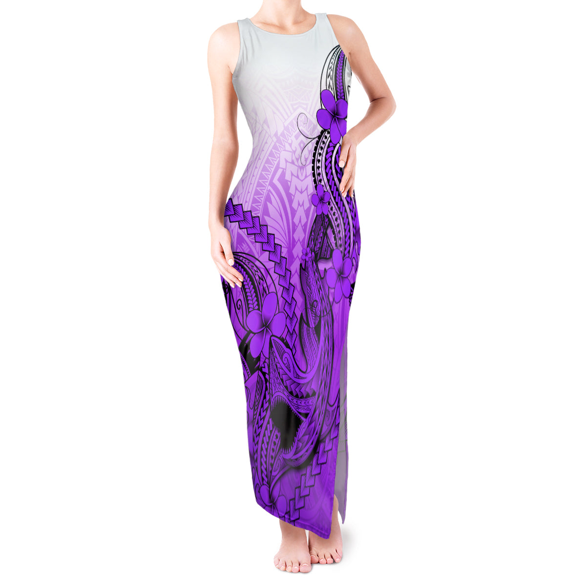 Hawaii Tank Maxi Dress Polynesian Shark Tattoo With Plumeria Purple Gradient LT14 Women Purple - Polynesian Pride