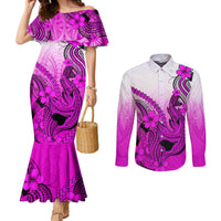 Hawaii Couples Matching Mermaid Dress and Long Sleeve Button Shirts Polynesian Shark Tattoo With Plumeria Pink Gradient LT14 Pink - Polynesian Pride
