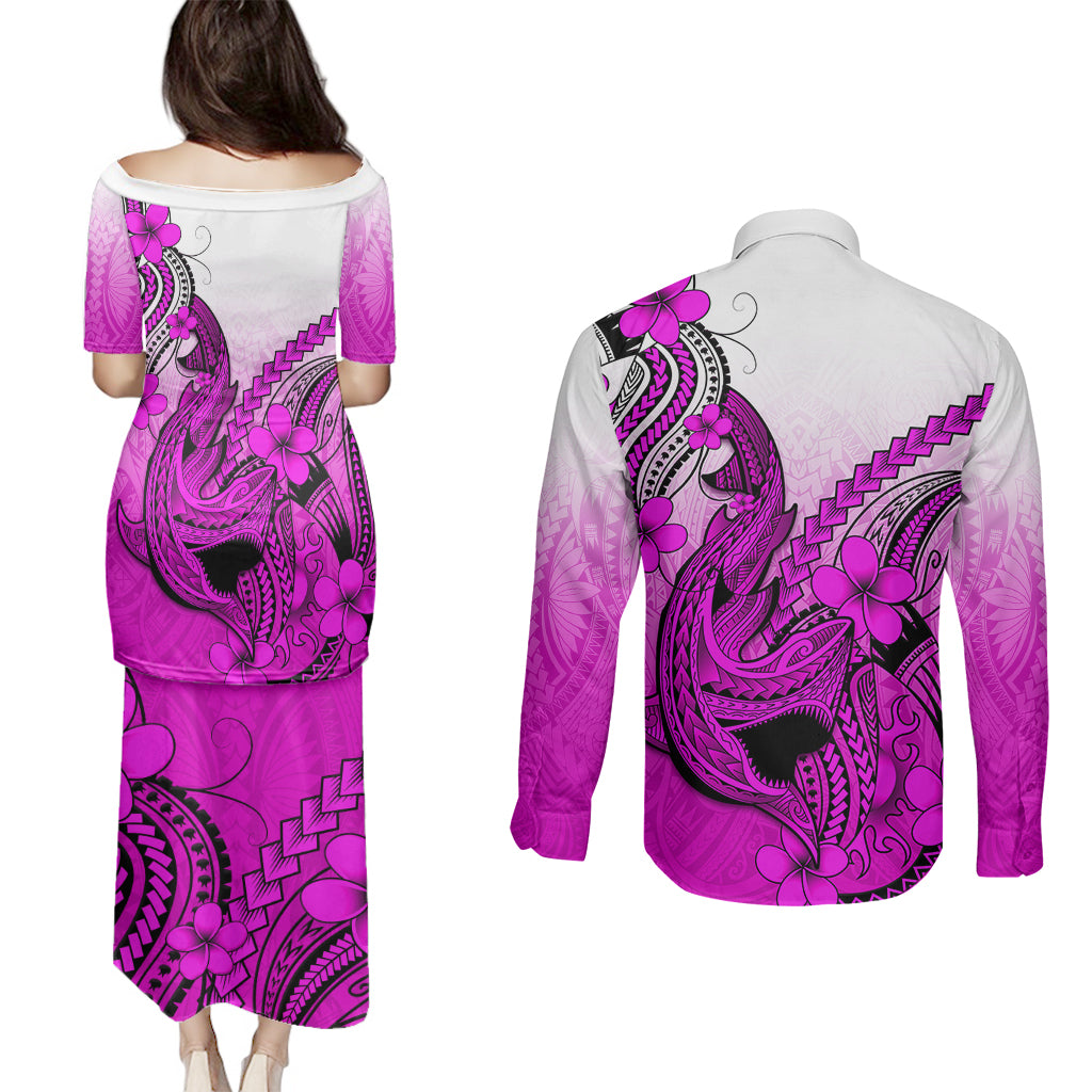 Hawaii Couples Matching Puletasi Dress and Long Sleeve Button Shirts Polynesian Shark Tattoo With Plumeria Pink Gradient LT14 - Polynesian Pride