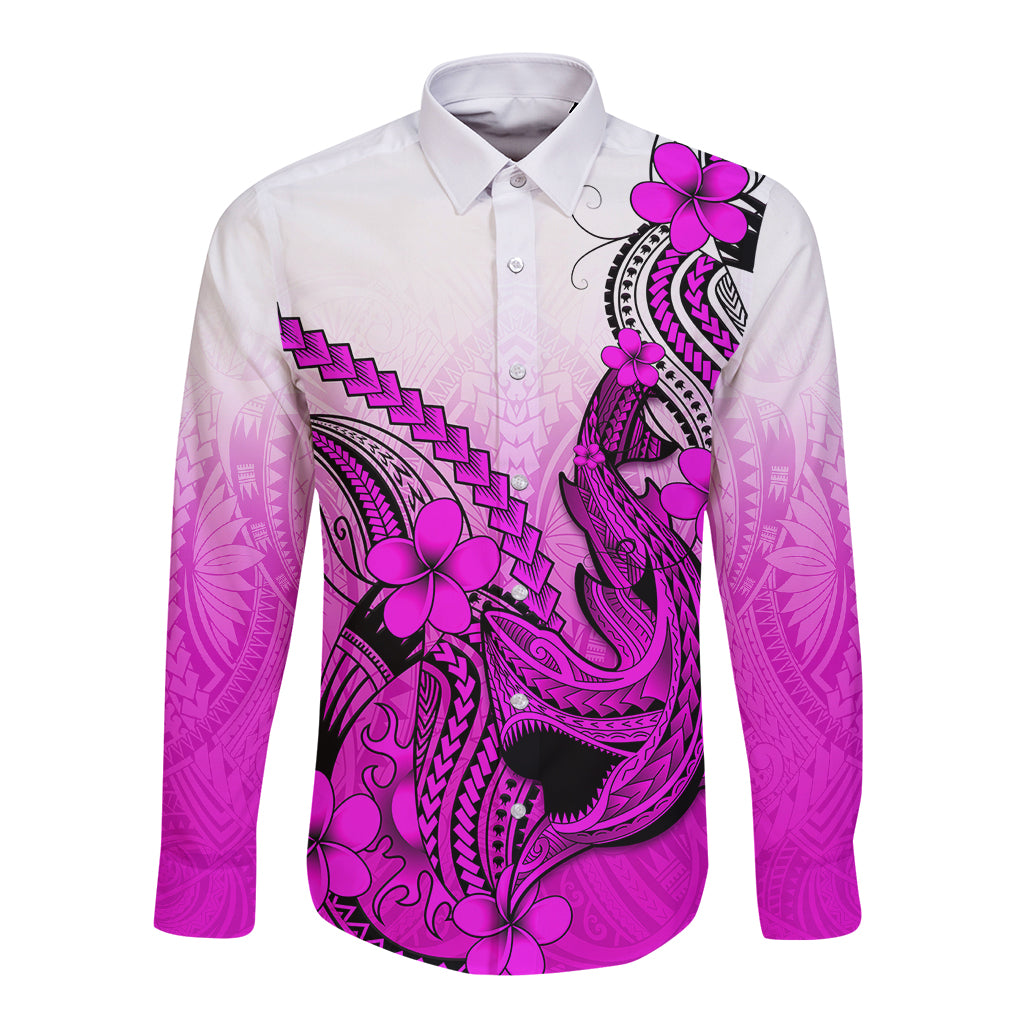 Hawaii Long Sleeve Button Shirt Polynesian Shark Tattoo With Plumeria Pink Gradient LT14 Unisex Pink - Polynesian Pride