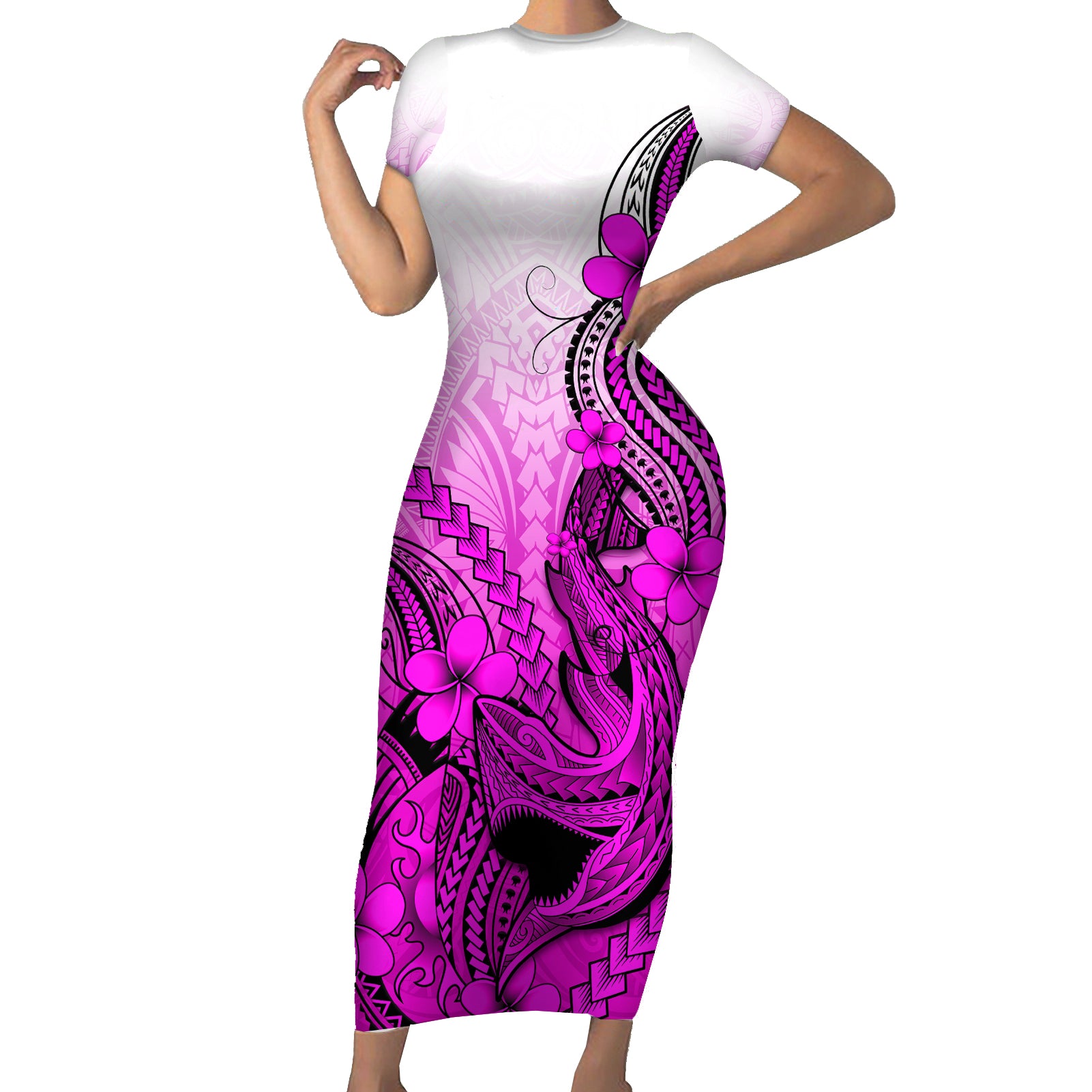 Hawaii Short Sleeve Bodycon Dress Polynesian Shark Tattoo With Plumeria Pink Gradient LT14 Long Dress Pink - Polynesian Pride