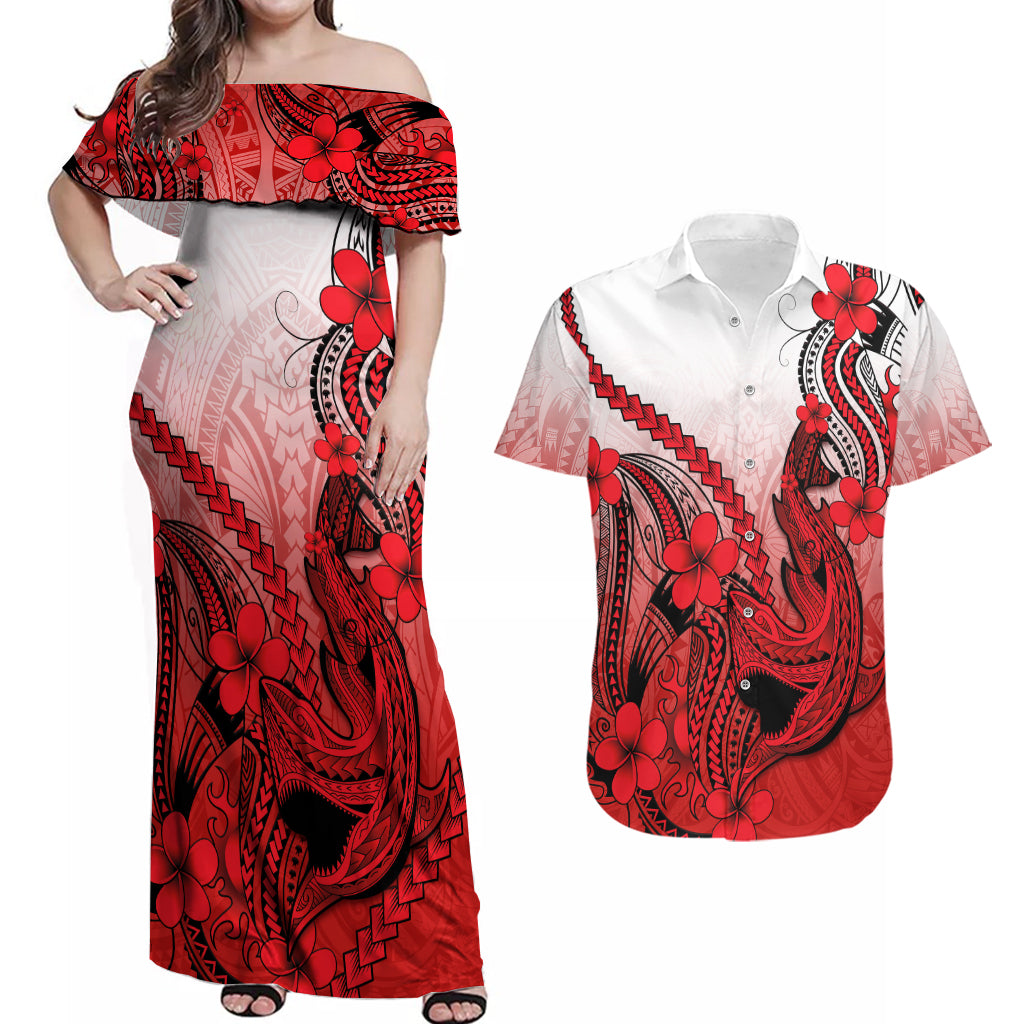 Hawaii Couples Matching Off Shoulder Maxi Dress and Hawaiian Shirt Polynesian Shark Tattoo With Plumeria Red Gradient LT14 Red - Polynesian Pride