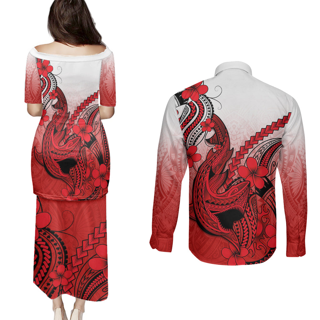 Hawaii Couples Matching Puletasi Dress and Long Sleeve Button Shirts Polynesian Shark Tattoo With Plumeria Red Gradient LT14 - Polynesian Pride
