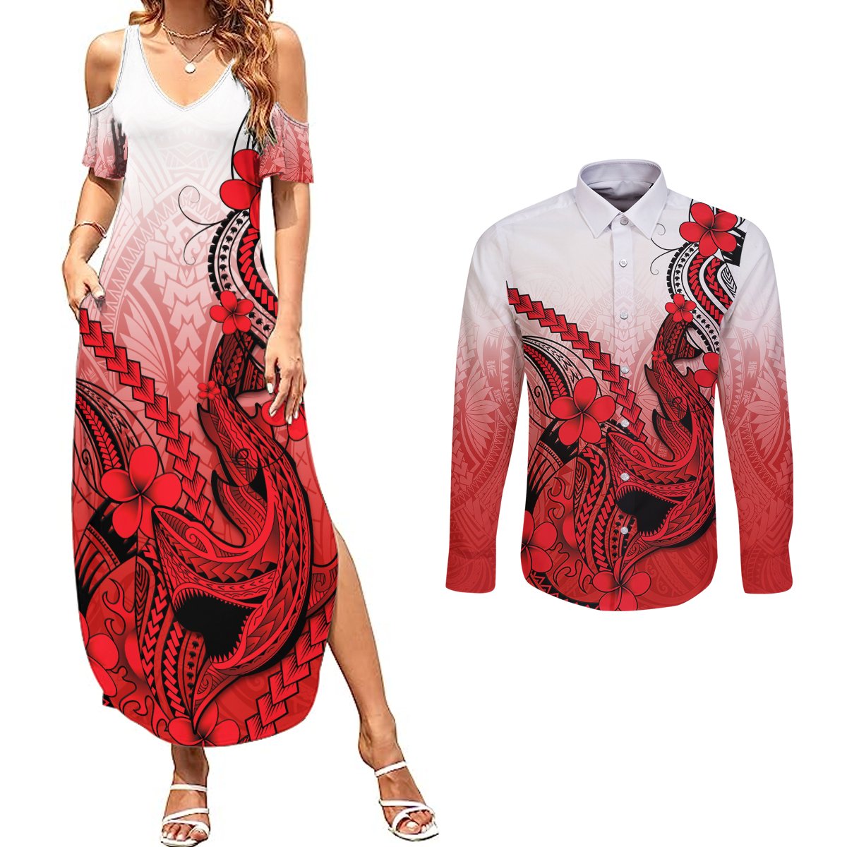 Hawaii Couples Matching Summer Maxi Dress and Long Sleeve Button Shirts Polynesian Shark Tattoo With Plumeria Red Gradient LT14 Red - Polynesian Pride