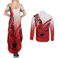 Hawaii Couples Matching Summer Maxi Dress and Long Sleeve Button Shirts Polynesian Shark Tattoo With Plumeria Red Gradient LT14 - Polynesian Pride