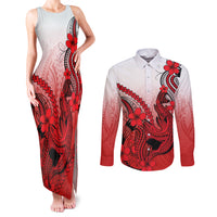 Hawaii Couples Matching Tank Maxi Dress and Long Sleeve Button Shirts Polynesian Shark Tattoo With Plumeria Red Gradient LT14 Red - Polynesian Pride