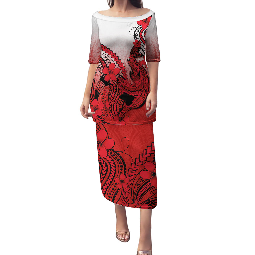 Hawaii Puletasi Polynesian Shark Tattoo With Plumeria Red Gradient LT14 Long Dress Red - Polynesian Pride