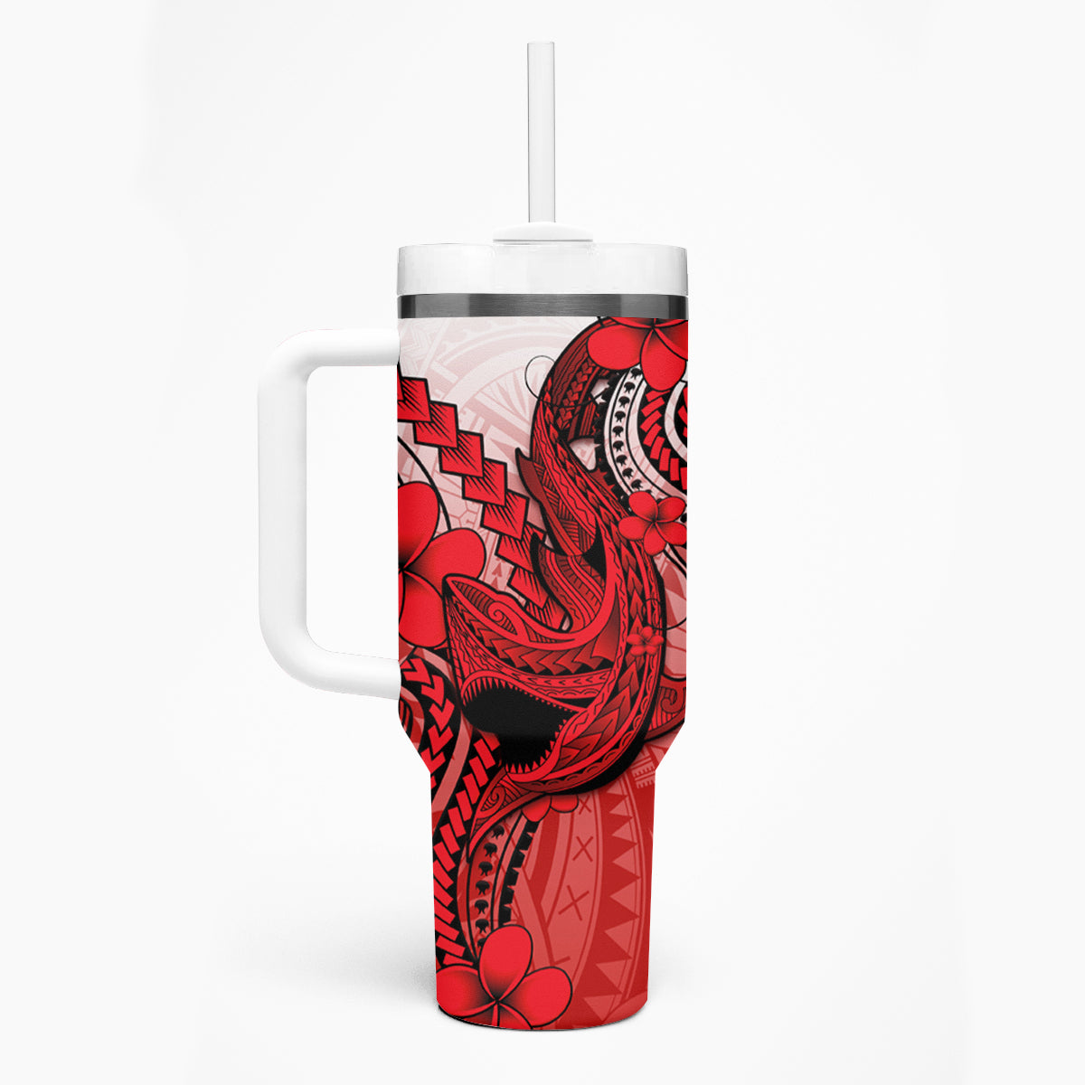 Hawaii Tumbler With Handle Polynesian Shark Tattoo With Plumeria Red Gradient