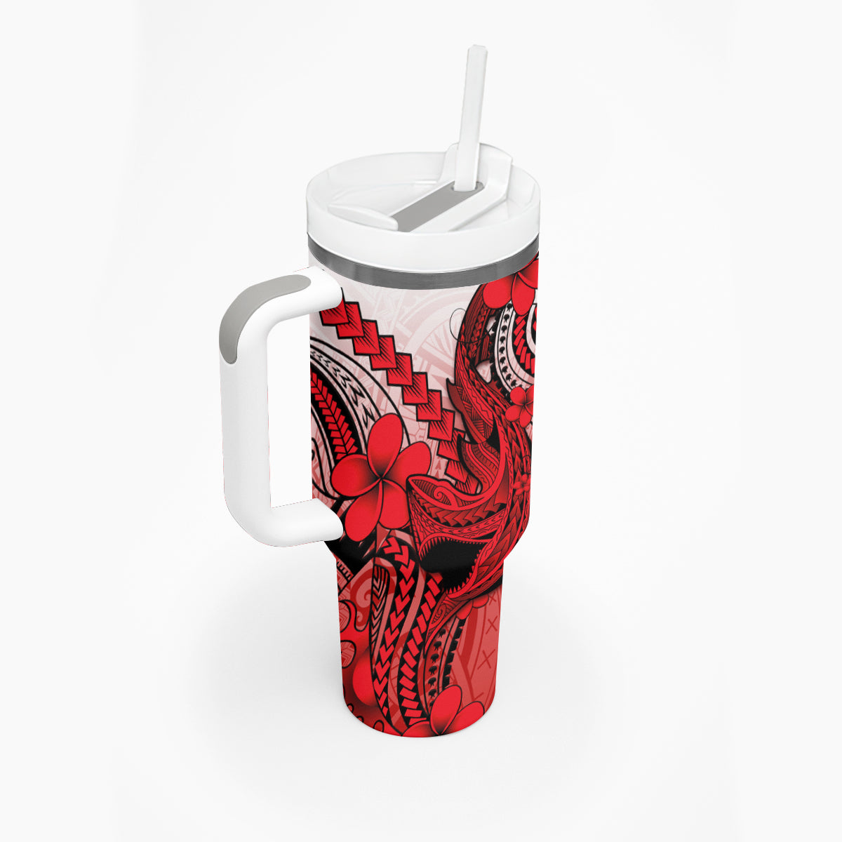 Hawaii Tumbler With Handle Polynesian Shark Tattoo With Plumeria Red Gradient