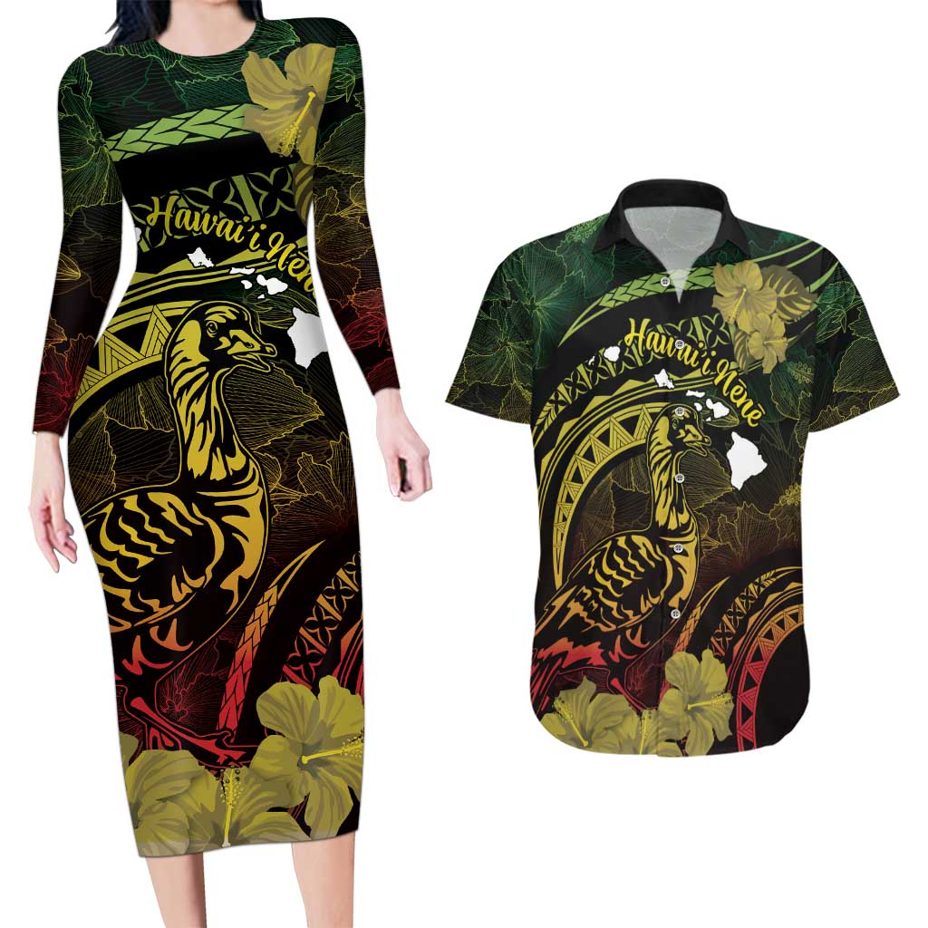 Personalised Hawaii Nene Goose Couples Matching Long Sleeve Bodycon Dress and Hawaiian Shirt Hawaiian Map Hibiscus Polynesian Art - Reggae Gradient