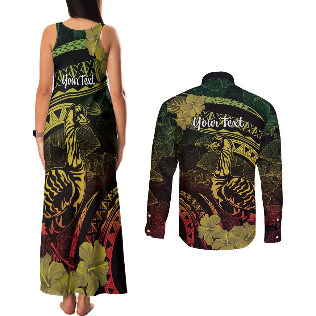 Personalised Hawaii Nene Goose Couples Matching Tank Maxi Dress and Long Sleeve Button Shirt Hawaiian Map Hibiscus Polynesian Art - Reggae Gradient