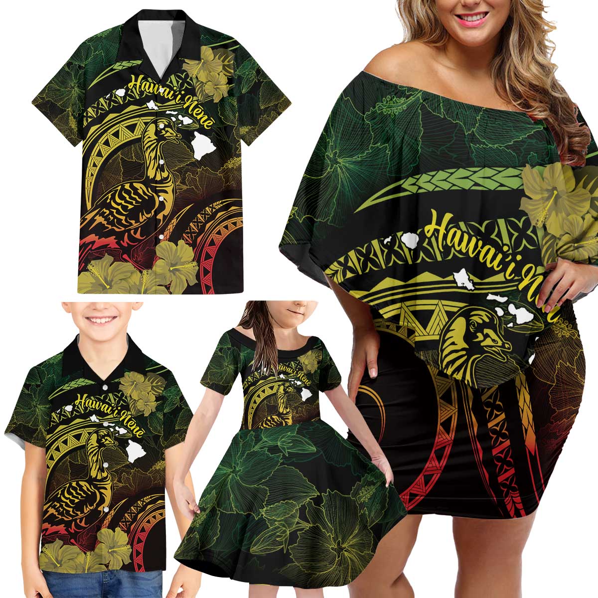 Personalised Hawaii Nene Goose Family Matching Off Shoulder Short Dress and Hawaiian Shirt Hawaiian Map Hibiscus Polynesian Art - Reggae Gradient