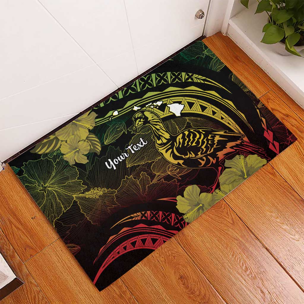 Personalised Hawaii Nene Goose Rubber Doormat Hawaiian Map Hibiscus Polynesian Art - Reggae Gradient