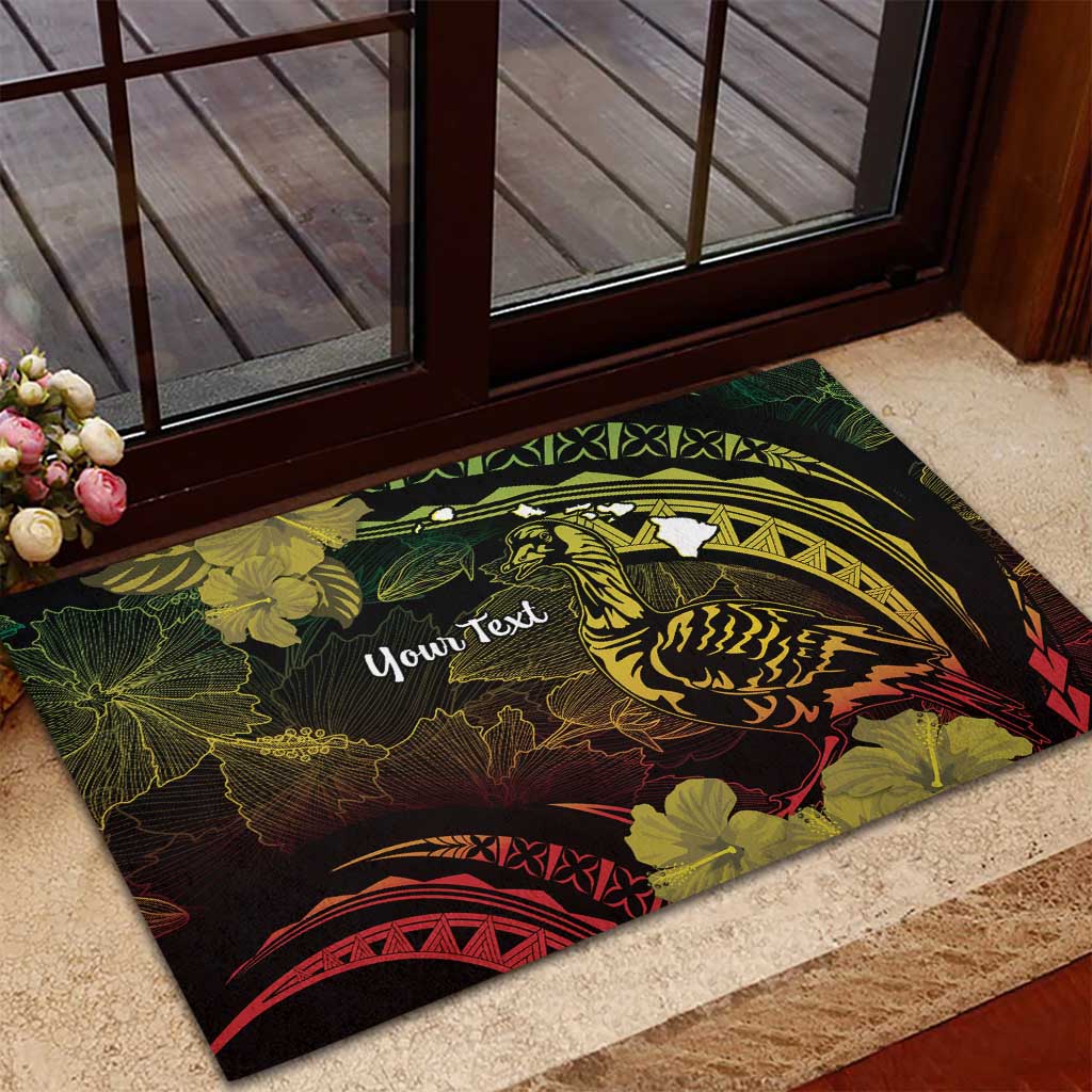 Personalised Hawaii Nene Goose Rubber Doormat Hawaiian Map Hibiscus Polynesian Art - Reggae Gradient