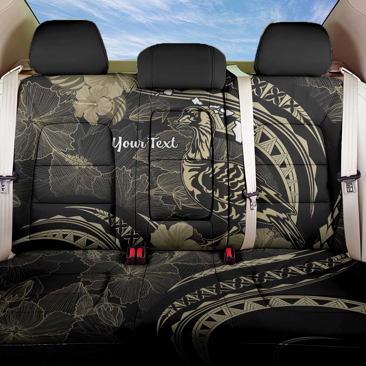 Personalised Hawaii Nene Goose Back Car Seat Cover Hawaiian Map Hibiscus Polynesian Art - Beige