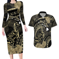 Personalised Hawaii Nene Goose Couples Matching Long Sleeve Bodycon Dress and Hawaiian Shirt Hawaiian Map Hibiscus Polynesian Art - Beige
