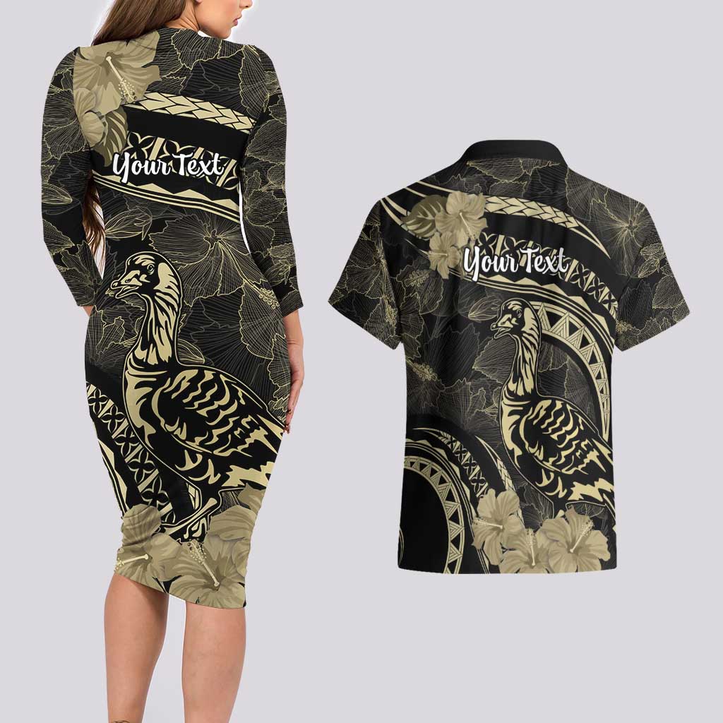 Personalised Hawaii Nene Goose Couples Matching Long Sleeve Bodycon Dress and Hawaiian Shirt Hawaiian Map Hibiscus Polynesian Art - Beige