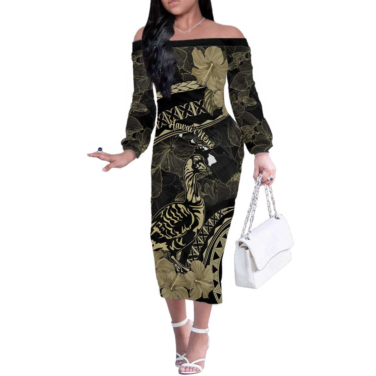 Personalised Hawaii Nene Goose Family Matching Off The Shoulder Long Sleeve Dress and Hawaiian Shirt Hawaiian Map Hibiscus Polynesian Art - Beige