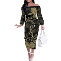 Personalised Hawaii Nene Goose Family Matching Off The Shoulder Long Sleeve Dress and Hawaiian Shirt Hawaiian Map Hibiscus Polynesian Art - Beige