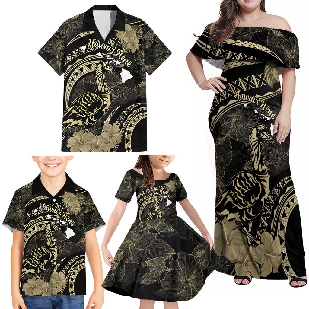 Personalised Hawaii Nene Goose Family Matching Off Shoulder Maxi Dress and Hawaiian Shirt Hawaiian Map Hibiscus Polynesian Art - Beige