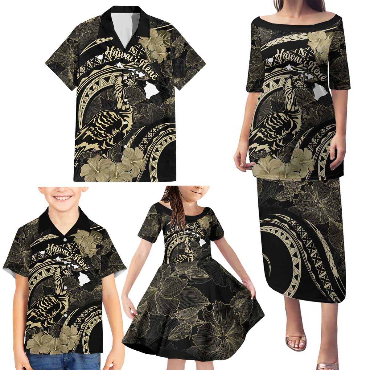 Personalised Hawaii Nene Goose Family Matching Puletasi and Hawaiian Shirt Hawaiian Map Hibiscus Polynesian Art - Beige