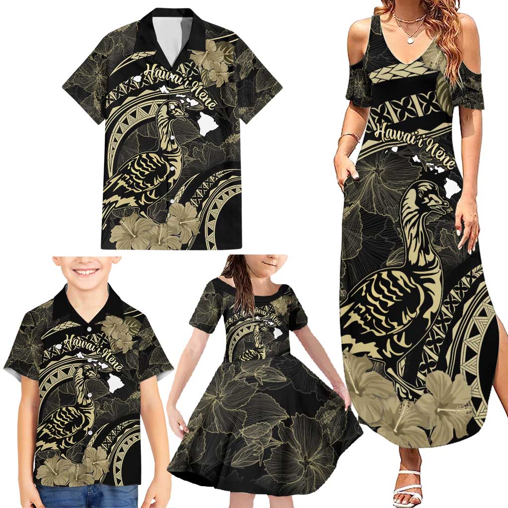 Personalised Hawaii Nene Goose Family Matching Summer Maxi Dress and Hawaiian Shirt Hawaiian Map Hibiscus Polynesian Art - Beige