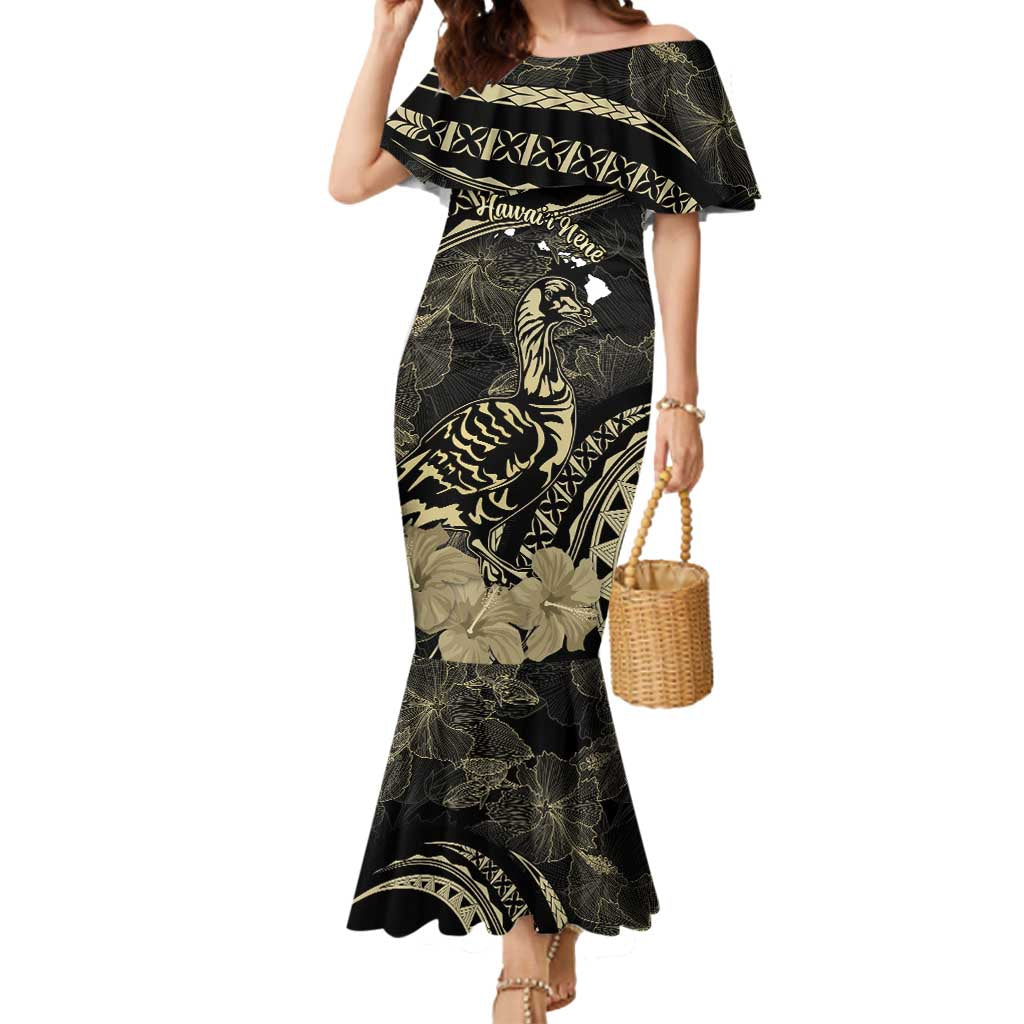 Personalised Hawaii Nene Goose Mermaid Dress Hawaiian Map Hibiscus Polynesian Art - Beige