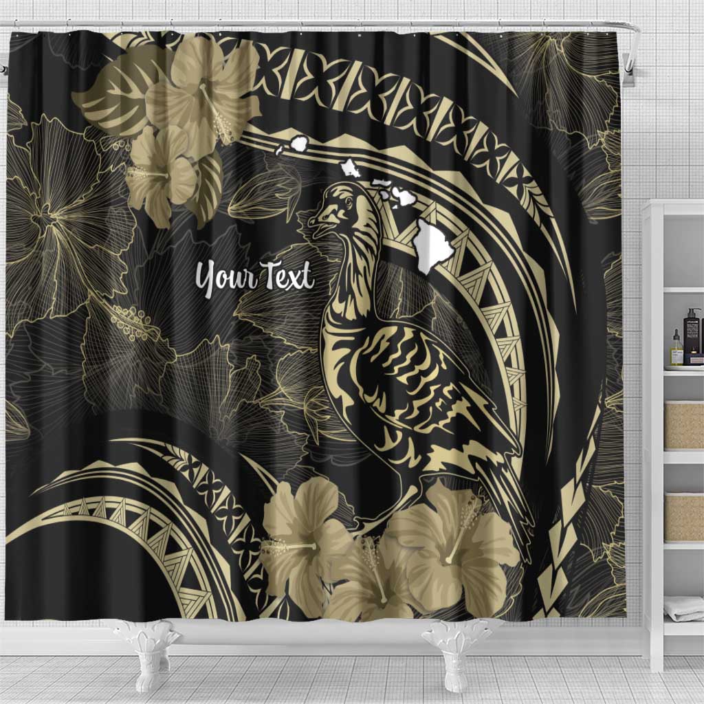 Personalised Hawaii Nene Goose Shower Curtain Hawaiian Map Hibiscus Polynesian Art - Beige