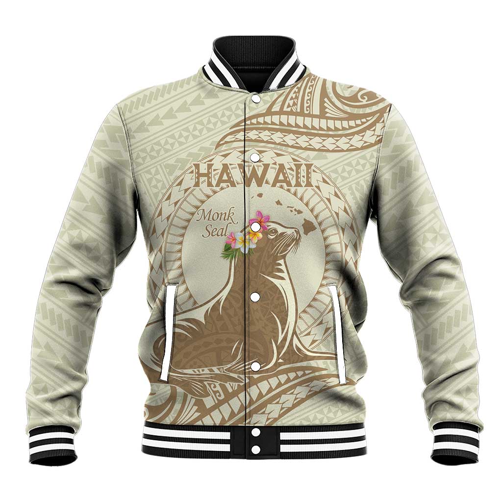 Personalised Hawaii Monk Seal Baseball Jacket Polynesian Tattoo With Tropical Flowers - Beige Pastel