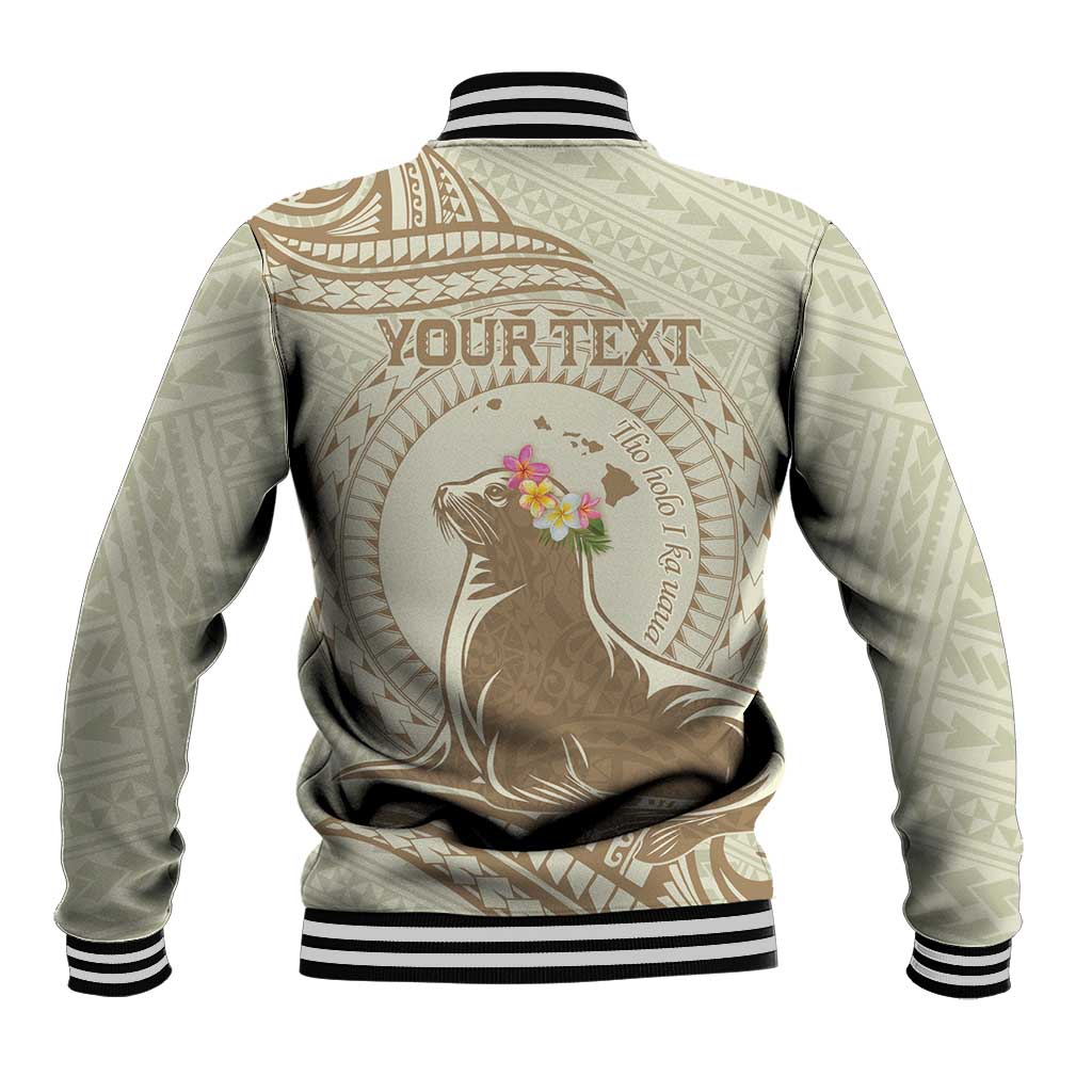 Personalised Hawaii Monk Seal Baseball Jacket Polynesian Tattoo With Tropical Flowers - Beige Pastel LT14 - Polynesian Pride