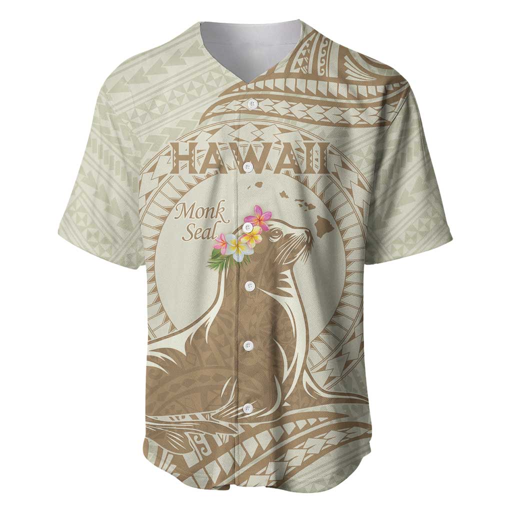 Personalised Hawaii Monk Seal Baseball Jersey Polynesian Tattoo With Tropical Flowers - Beige Pastel