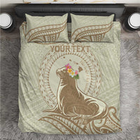 Personalised Hawaii Monk Seal Bedding Set Polynesian Tattoo With Tropical Flowers - Beige Pastel LT14 Beige - Polynesian Pride