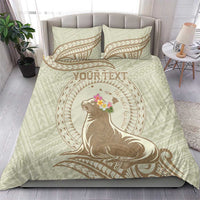 Personalised Hawaii Monk Seal Bedding Set Polynesian Tattoo With Tropical Flowers - Beige Pastel LT14 - Polynesian Pride