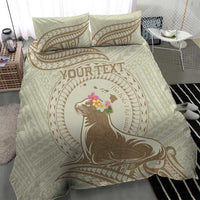 Personalised Hawaii Monk Seal Bedding Set Polynesian Tattoo With Tropical Flowers - Beige Pastel LT14 - Polynesian Pride
