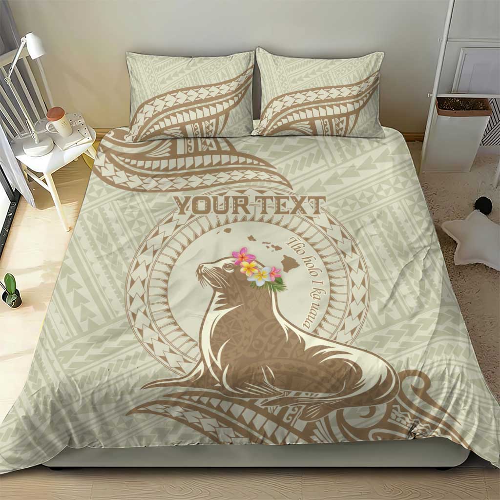 Personalised Hawaii Monk Seal Bedding Set Polynesian Tattoo With Tropical Flowers - Beige Pastel LT14 - Polynesian Pride
