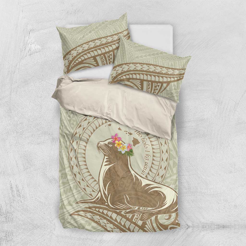 Personalised Hawaii Monk Seal Bedding Set Polynesian Tattoo With Tropical Flowers - Beige Pastel LT14 US Twin 172cm x 218cm Beige - Polynesian Pride