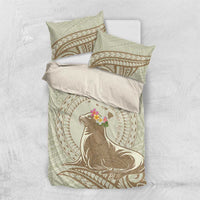 Personalised Hawaii Monk Seal Bedding Set Polynesian Tattoo With Tropical Flowers - Beige Pastel LT14 US Twin 172cm x 218cm Beige - Polynesian Pride
